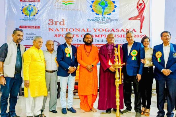 “3rd National Yogasana Sports Championship” at Andheri Sports Complex - Mumbai, organised by NYSF.  World Yoga Community, USA Founder-President Dileepkumar Thankappan ji & dignitaries on dias - Shree Datta Padmanabh Peeth - 